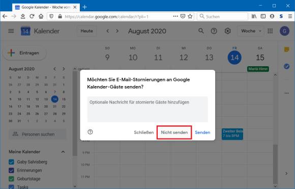 Googles Rückfragefenster beim Löschen eines Kalendereintrags 