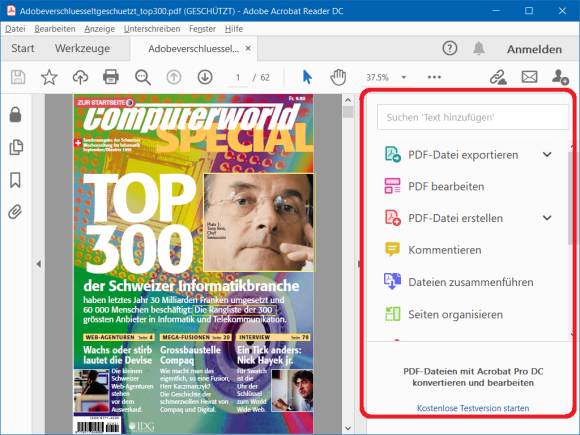 Eine PDF-Datei im Adobe Acrobat Reader mit Werkzeugleiste 