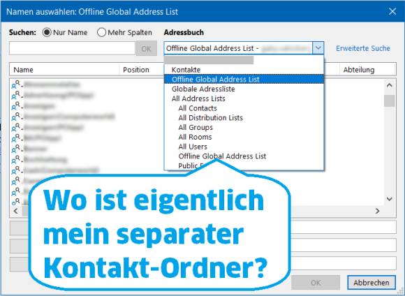 Outlook-Screenshot mit Text: Wo ist mein Kontaktordner? 