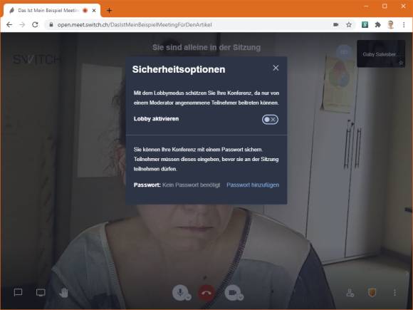 Jitsi-Screenshot mit Lobby- und Passwort-Sicherheit