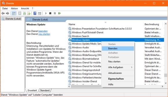 Screenshot Diensteverwaltung mit Kontextmenü