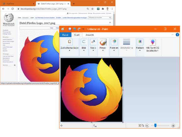 Firefox-Logo aus Wikipedia erhält bei Übernahme in Paint schwarzen Hintergrund 