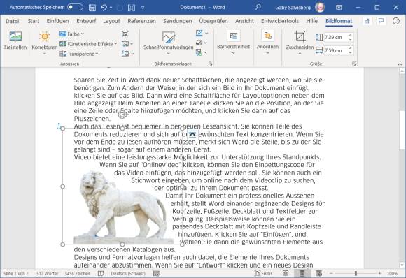 Fast perfekt freigestelltes Bild der Löwenskulptur im Word-Dokument