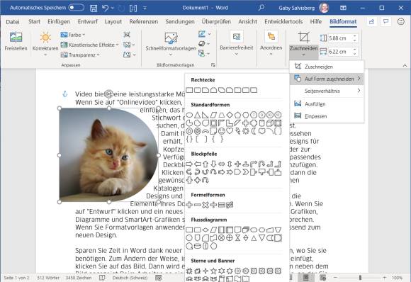 Kätzchenbild im Word-Dokument auf eine rechts abgerundete Form zugeschnitten