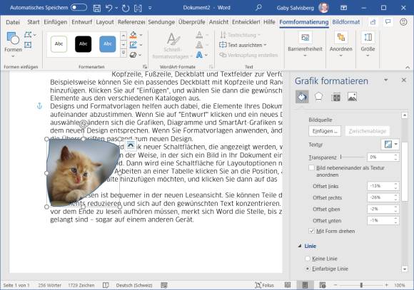 Im Word-Dokument eine Freihandform mit dem Kätzchenbild darin