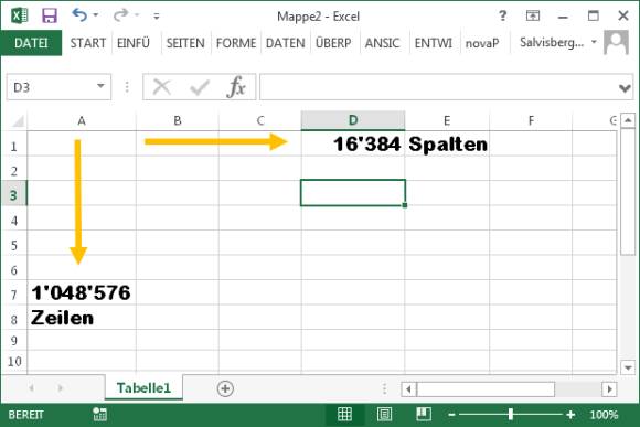 Excel-Screenshot mit max. Angabe von Zeilen und Spalten 