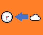 Symbole Uhr, Pfeil, Cloud auf orangem Hintergrund