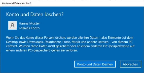 Screenshot mit Rückfrage «Konto und Daten löschen?»