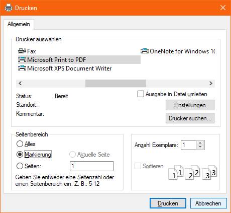 Im Firefox-Druckdialog entdecken Sie auch «Markierung», was Ihnen erlaubt, nur ausgewählte Abschnitte zu drucken (oder in eine PDF-Datei zu speichern) Firefox-Druckdialog