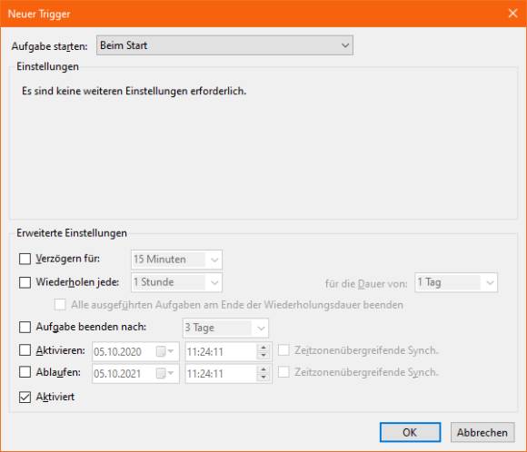 Screenshot Aufgaben-Auslöser (Trigger)