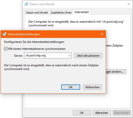 Die Zeitserver-Einstellung befindet sich bei Windows 10 nach wie vor in der Systemsteuerung Screenshot Systemsteuerung Zeitserver-Einstellung