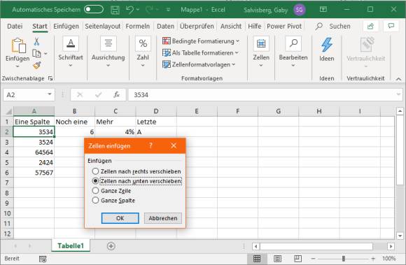 Screenshot Excel mit Rückfrage beim Einfügen von Zellen 