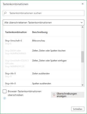 Screenshot Tastenkombinations-Einstellung im Online-Excel