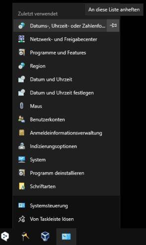 Screenshot aufgeklapptes Systemsteuerungs-Icon in der Taskleiste