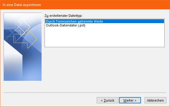 Da kein Dateityp für Excel-Export mehr vorhanden ist, verwenden Sie «Durch Trennzeichen getrennte Werte» (was eine CSV-Datei schreiben wird) Screenshot Outlook-Export