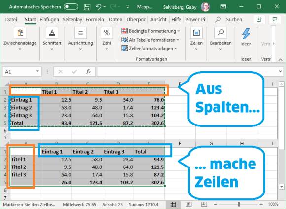 Excel-Screenshot mit Tabellen-Ausschnitten vorher und nachher 