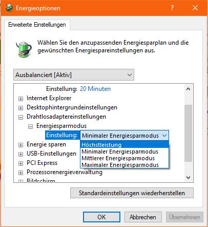 Ändern Sie die Energiespar-Einstellungen des Drahtlosadapters Screenshot Energiesparplaneinstellungen