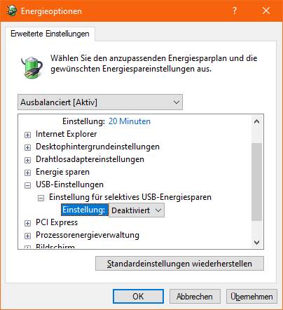 Screenshot Energiesparplan-Einstellung für USB