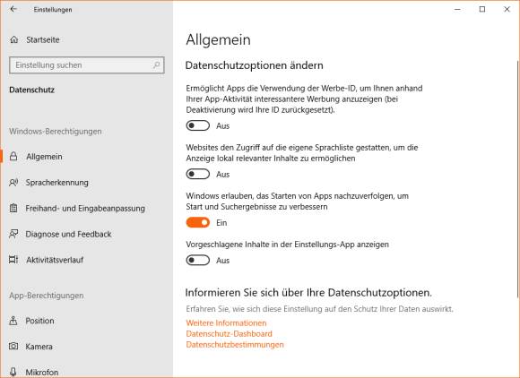 Screenshot Datenschutzeinstellungen