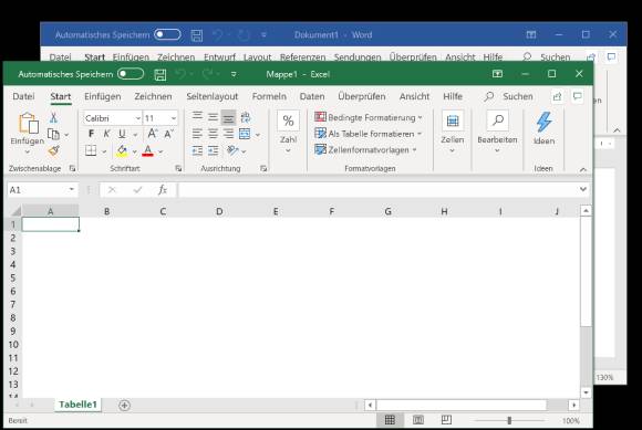 Word- und Excel-Fenster ohne die Anmelden-Buttons