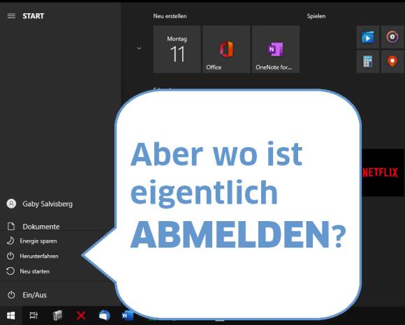 Startmenü-Screenshot ohne Abmelden-Befehl 