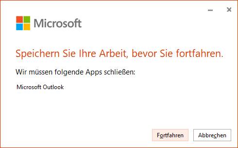Outlook muss sich vorübergehend beenden Screenshot Update muss Outlook neu starten