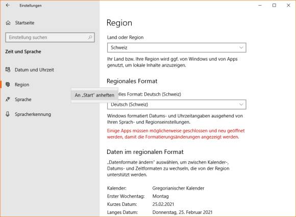 Screenshot Einstellungen mit Befehl An Start anheften