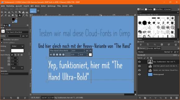 Screenshot Gimp-Bildbearbeitung mit Schriftbeispielen