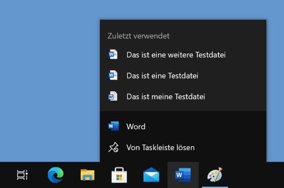 Screenshot zuletzt genutzte Dateien in der Taskleiste 