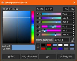 Farbwähler in Gimp, mit beiden Farbformaten