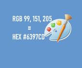 Blauer Hintergrund, Hex- und RGB-Code in weisser Schrift, plus ein Farbpaletten-Icon