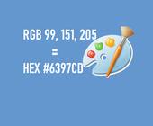 Blauer Hintergrund, Hex- und RGB-Code in weisser Schrift, plus ein Farbpaletten-Icon