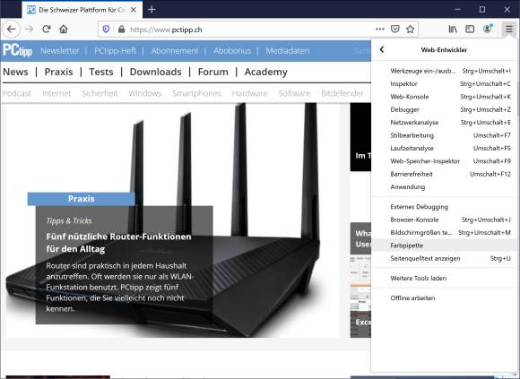Screenshot Firefox mit geöffnetem Menü