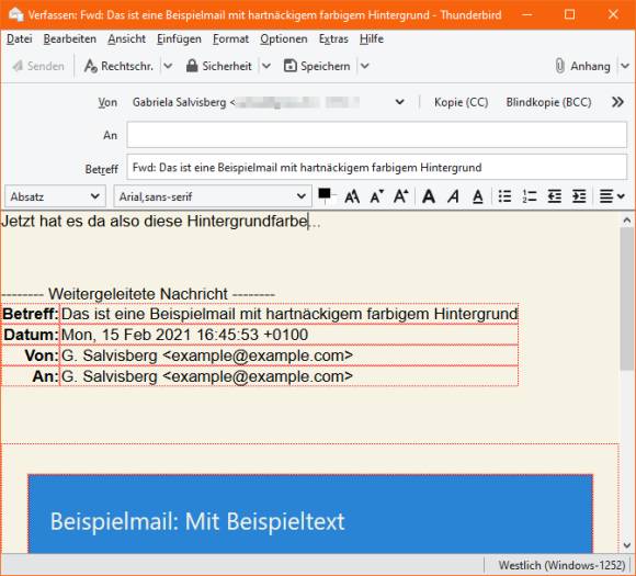 Screenshot weiterzuleitende Mail übernimmt hellgelbe Hintergrundfarbe