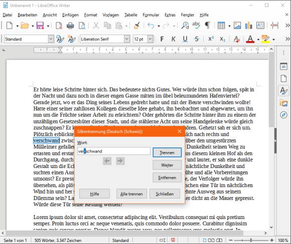 Screenshot LibreOffice Writer mit Silbentrennung