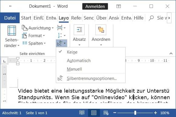 Screenshot Word mit Silbentrennungsmenü 