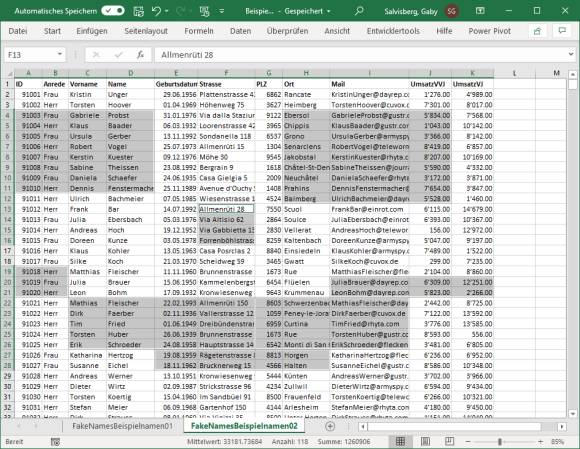 Excel-Sheet mit markierten Zellen 