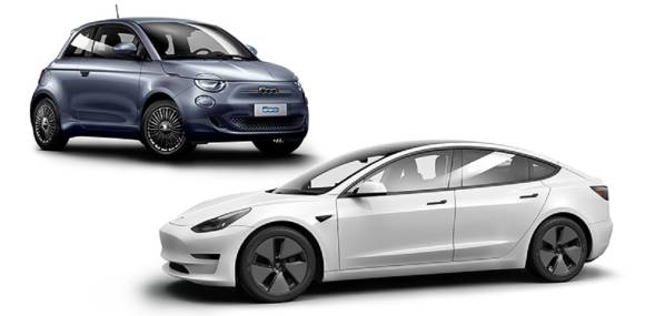 Tesla Model 3 und Fiat 500E ICON 