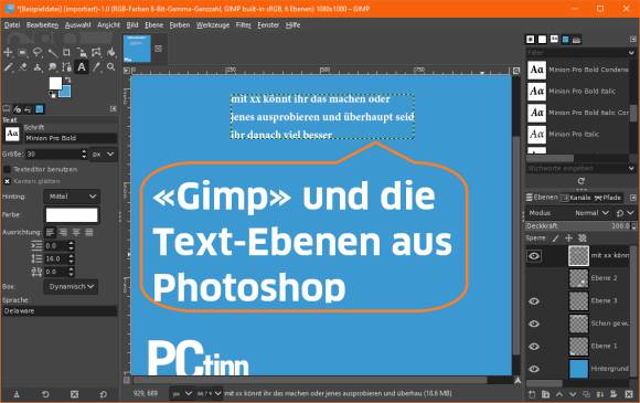 Screenshot mit Text Gimp und die Text-Ebenen aus Photoshop 
