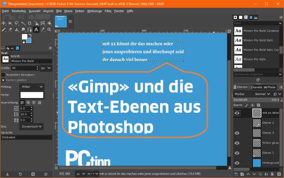 Screenshot mit Text Gimp und die Text-Ebenen aus Photoshop 