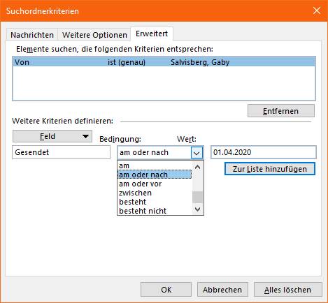 Für den Suchordner lassen sich mehrere Kriterien definieren Screenshot Suchordnerkriterien