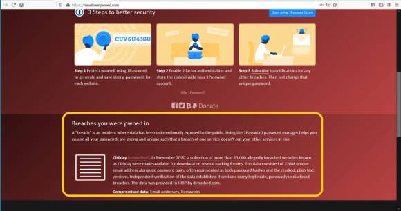 Screenshot HIBP mit Fund im Cit0day-Breach 