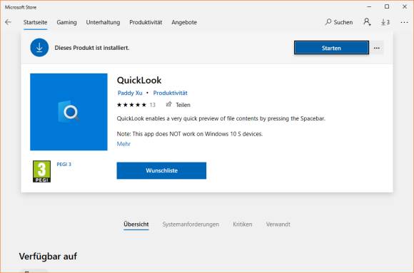 Screenshot QuickLook im Microsoft-Store