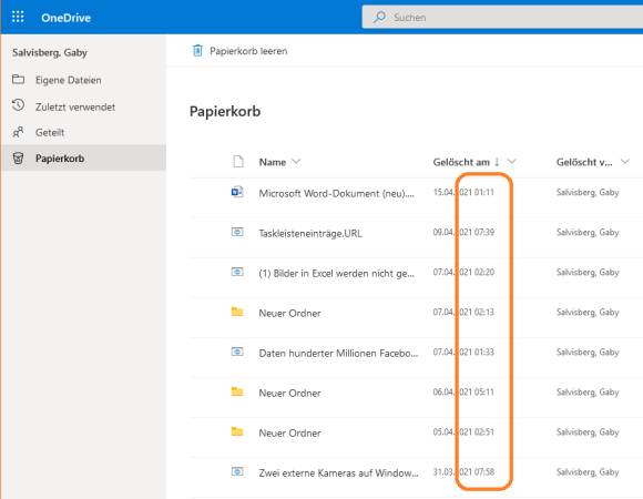 Screenshot OneDrive-Papierkorb mit falschen Zeitangaben 