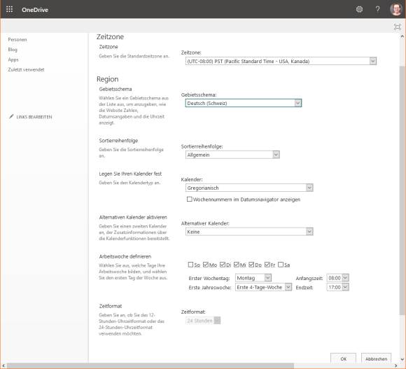 Screenshot Zeitzonen-Einstellung in OneDrive
