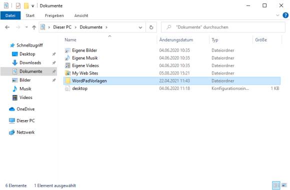 Screenshot Explorer mit neuem Vorlagenordner