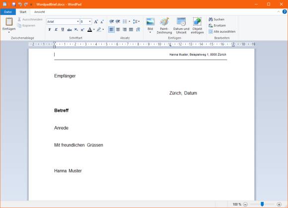 Screenshot Beispielbriefvorlage in WordPad