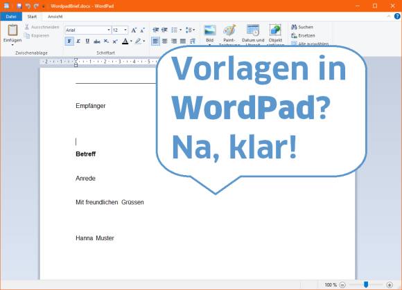 Screenshot WordPad, Schriftzug: Vorlagen in WordPad? Na, klar! 