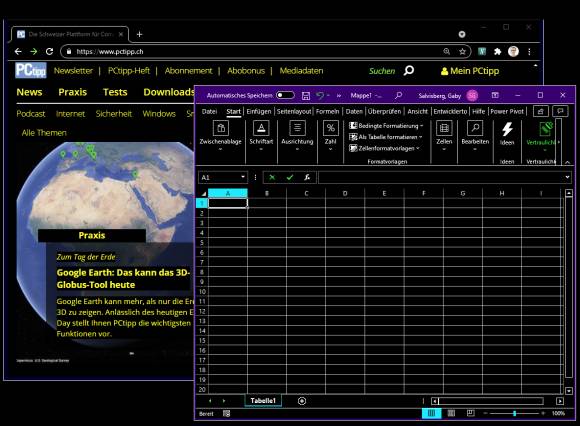 Screenshot Chrome- und Excel-Fenster in Schwarz mit bunten Schriften 