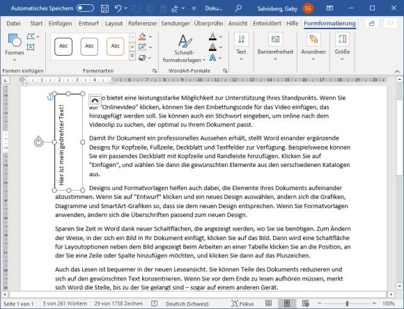 Screenshot Word mit gedrehtem Textfeld 